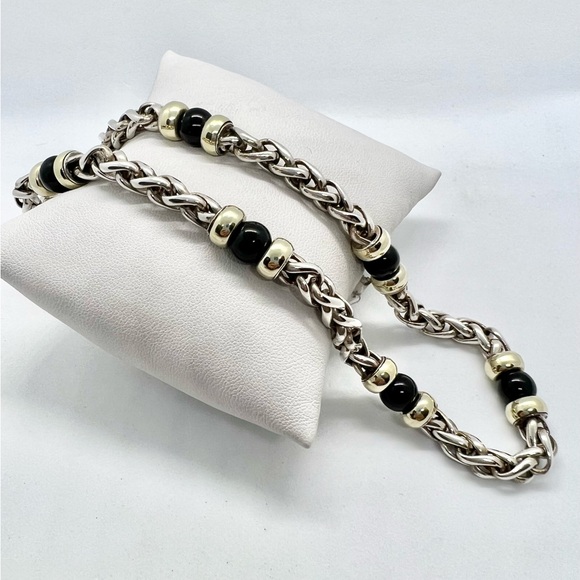 David Yurman 14k Yellow Gold & Sterling Silver Black Onyx Wheat Chain Necklace - Picture 10 of 12
